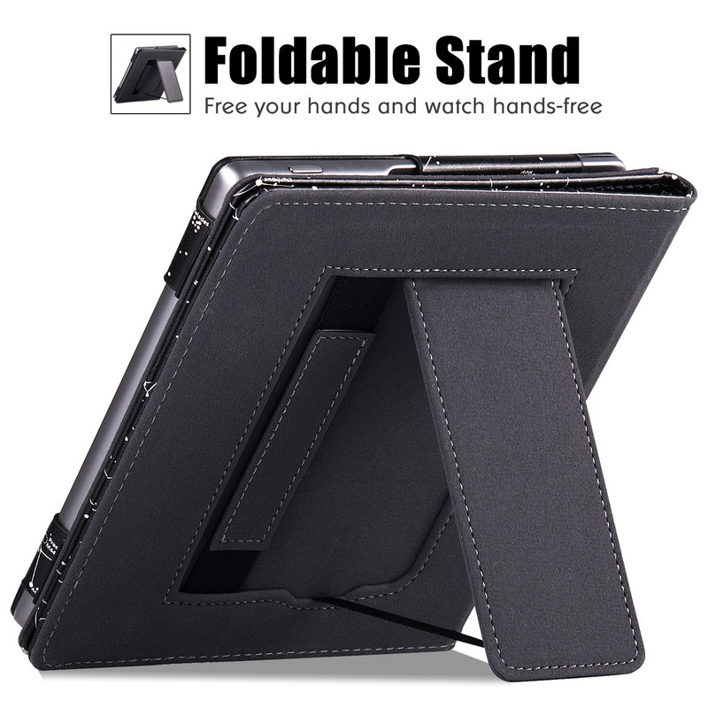 Kindle Oasis futrālis (7 collas — Oasis 9./10. paaudze) — PU ādas aizsargapvalks ar rokas siksniņu/statīvu un automātisko miega režīmu/modināšanu