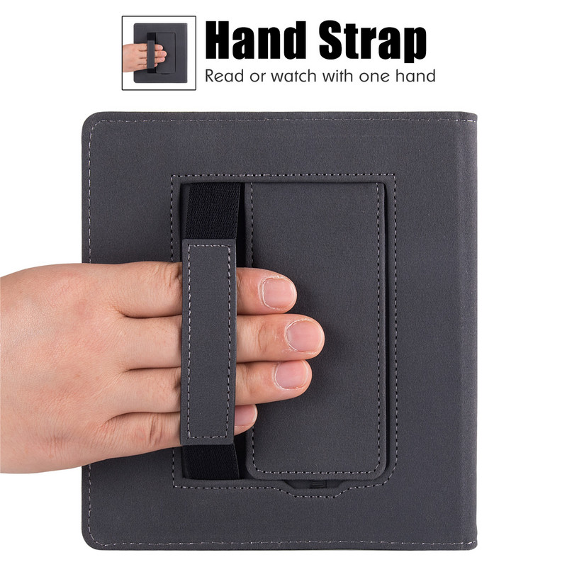 Kindle Oasis futrālis (7 collas — Oasis 9./10. paaudze) — PU ādas aizsargapvalks ar rokas siksniņu/statīvu un automātisko miega režīmu/modināšanu