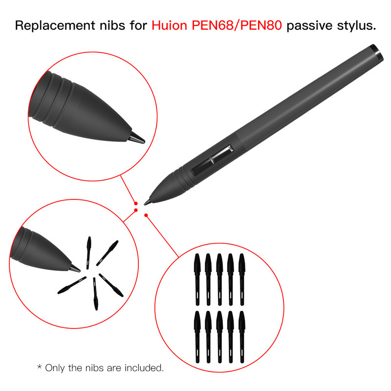 Huion PN05 10 bucăți vârfuri de schimb pentru stilouri compatibile cu tableta grafică de desen PW500/PW507 Stylus negru