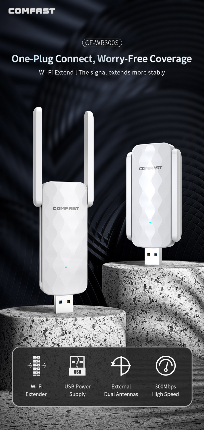 COMFAST USB Wi-Fi kartotuvas 300M Wi-Fi signalo stiprintuvas 2.4G belaidis plėstuvas 2 antenos ilgo nuotolio Wifi repiter, skirtas drone Extend