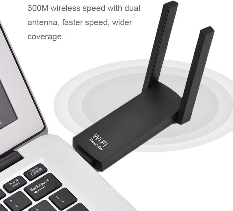 Hordozható 300Mbps USB WiFi jelhosszabbító vezeték nélküli router átjátszó erősítő kettős antenna