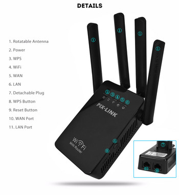Ασύρματο WiFi Repeater Router Point Access Wireless 300Mbps Range Extender Ενισχυτής σήματος WiFi 4Εξωτερικές κεραίες WR09