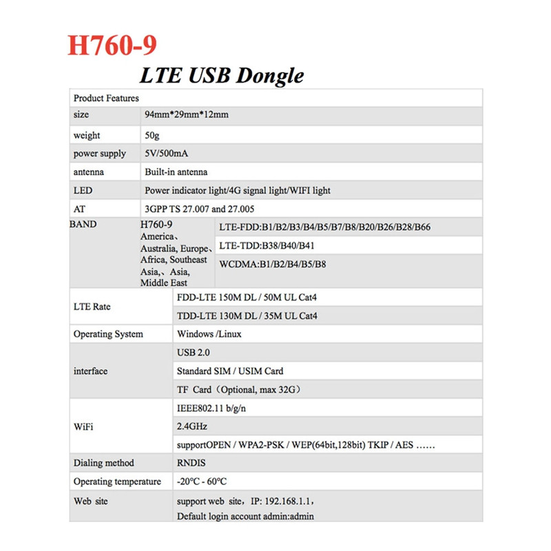 H760-9 4G USB WIFI dongle szélessávú modem stick 150 Mbps 4G LTE router, amely támogatja Amerikát Európa Afrika Közel-Kelet Ázsia