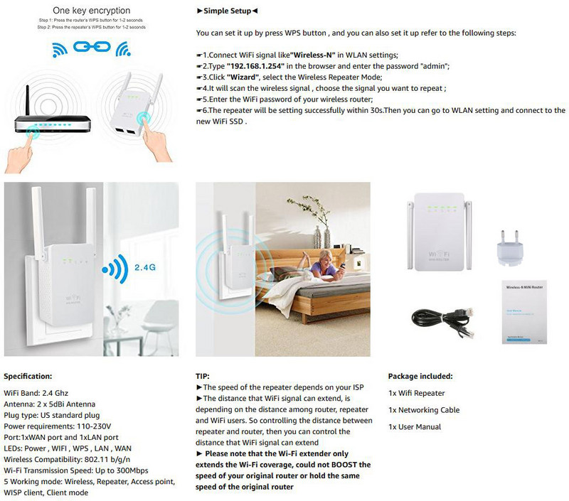 Bezdrôtový WiFi opakovač, prístupový bod, 300 Mbps antény, zosilňovač signálu, rozširovač dosahu, AP, Wi-Fi 802.11N sieť, WR02EQ