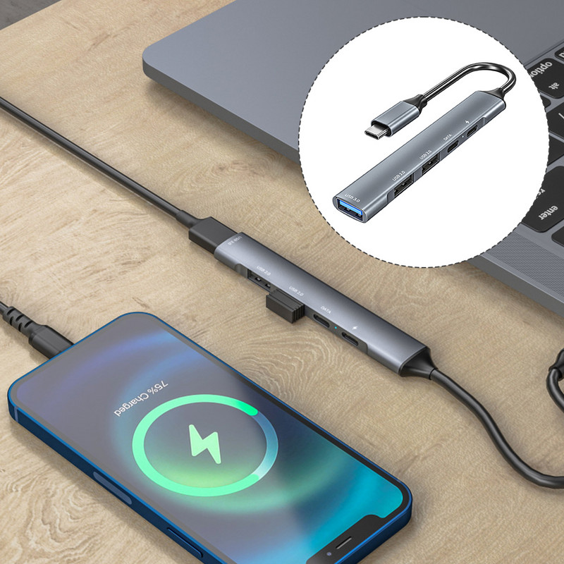 Spliter pentru laptop 5 în 1 PC Hub USB C Transfer de date Livrare energie Adaptor multiport Gigabit Ethernet Hub tip C Adaptor LAN RJ45