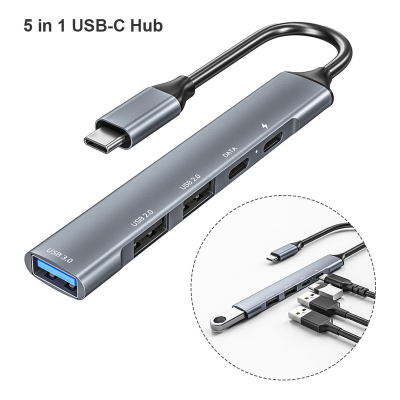 Spliter pentru laptop 5 în 1 PC Hub USB C Transfer de date Livrare energie Adaptor multiport Gigabit Ethernet Hub tip C Adaptor LAN RJ45