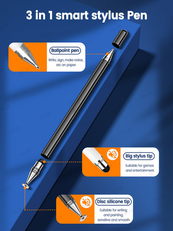 HAZR 3 в 1 писалка за таблет със сензорен екран за iPad Xiaomi Samsung, Apple Pencil Touch Pen за таблет, телефон, стилус писалка за Android iOS