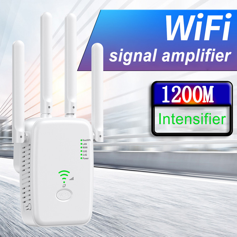 WiFi átjátszó kétsávos 2,4 GHz/5 GHz WiFi jelerősítő átjátszó széles lefedettség 4 külső antennával otthoni szállodához