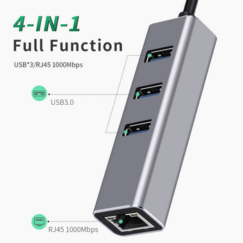 USB C HUB 1000Mbps 3 θύρες USB 3.0 Τύπος C HUB USB σε Rj45 Gigabit Ethernet Προσαρμογέας RTL8153 για φορητό υπολογιστή MacBook