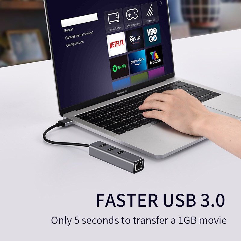 USB C jaotur 1000 Mbps 3 porti USB 3.0 C-tüüpi jaotur USB-Rj45 Gigabit Etherneti adapter RTL8153 MacBooki sülearvuti jaoks