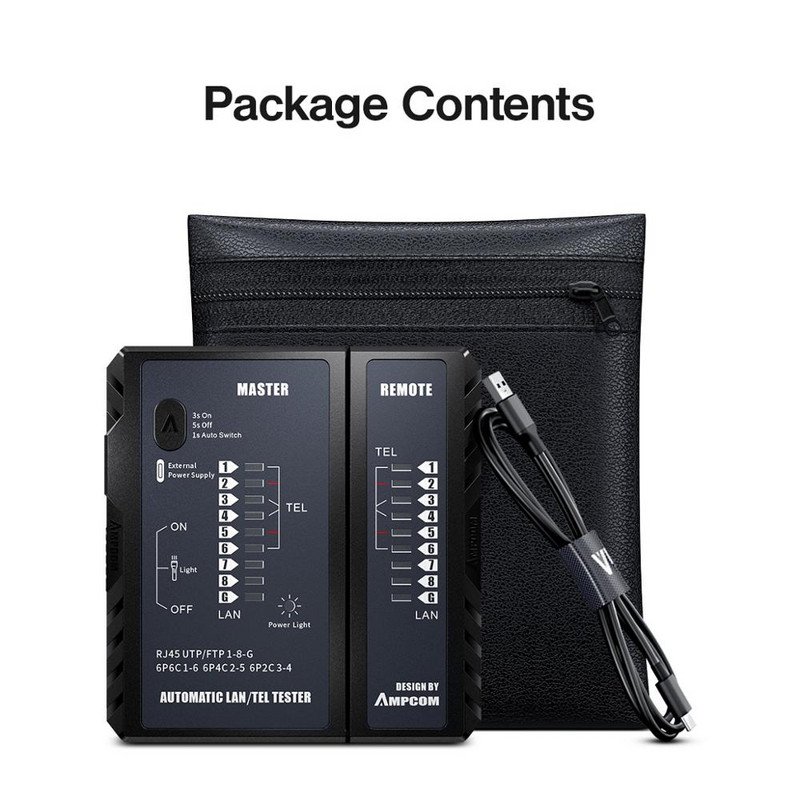 AMPCOM tinklo kabelio testeris, LAN telefono laidų tikrinimo įrankis, tinklo kūrimo įrankis, eterneto taisymas, skirtas RJ45/RJ11/RJ12/CAT5/CAT6/CAT7/CAT8