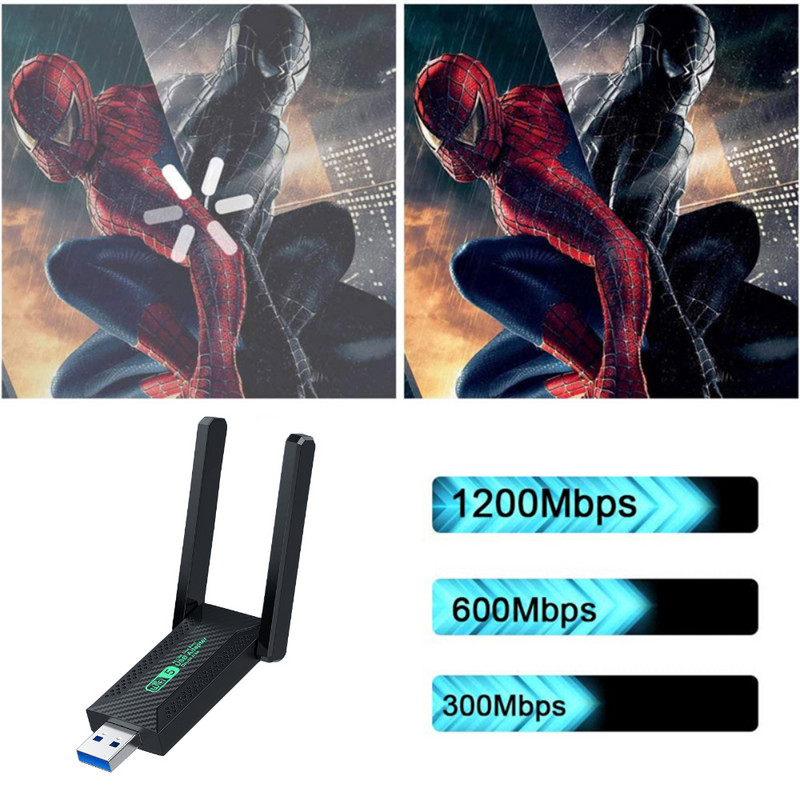 EATPOW Adaptor Wifi Bandă dublă 2,4GHz 5GHz Wifi Usb 1200Mbps Dongle WiFi fără fir cu antenă PC Computer Receptor Card de Rețea