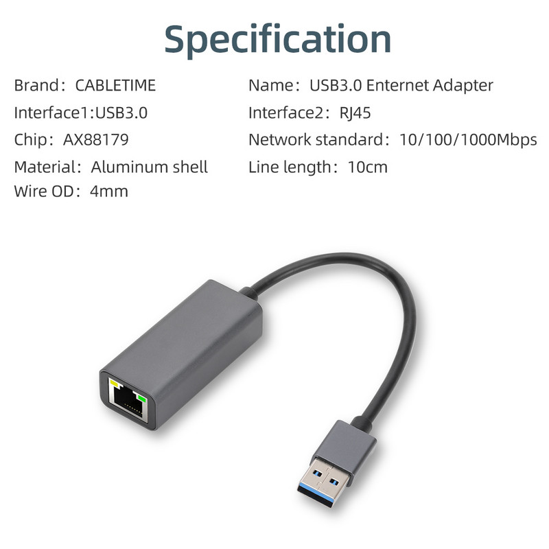 1000Mbps USB 3.0 laidinis C tipo USB į Rj45 Lan Gigabit Ethernet adapteris Tinklo plokštė AX88179 lustas, skirtas Mac OS PC nešiojamasis kompiuteris Windows