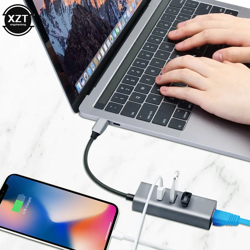 USB C Ethernet με 3 θύρες USB HUB 3.0 RJ45 Lan κάρτα δικτύου Προσαρμογέας USB σε Ethernet για Mac iOS Android PC RTL8153 USB 3.0 HUB