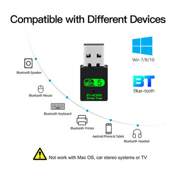 2 σε 1 USB WiFi Bluetooth 5.0 Adapter 600Mbps Dual Band 2,4/5Ghz Ασύρματο δίκτυο Εξωτερικός δέκτης WiFi Dongle για φορητό υπολογιστή
