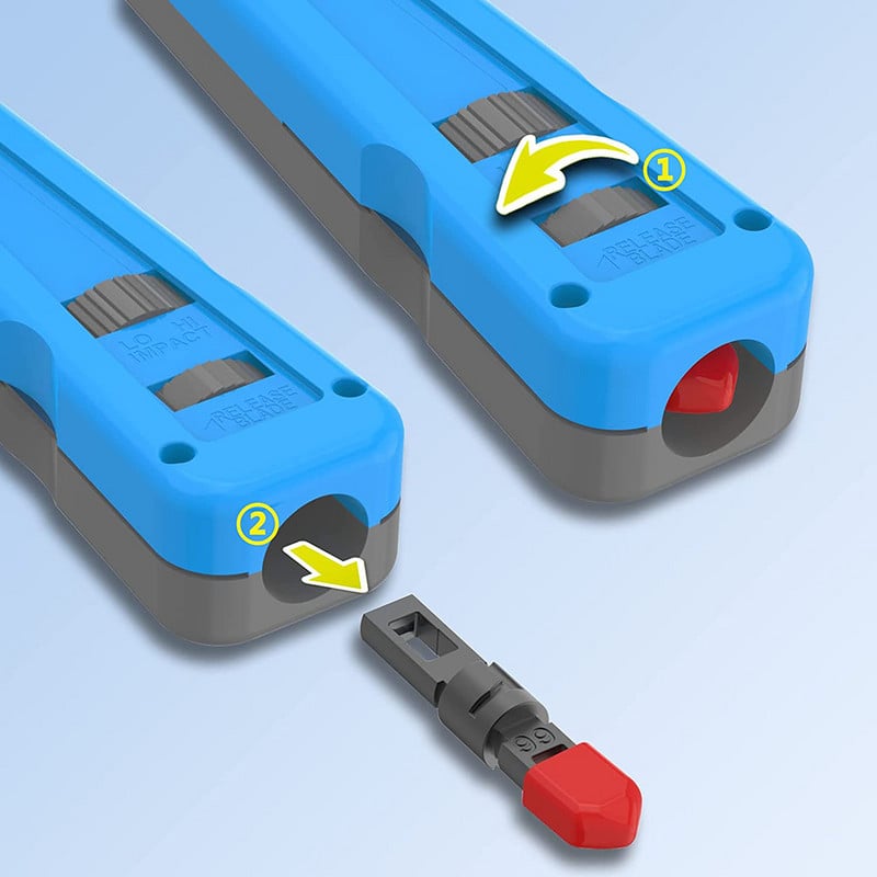 Hoolnx Impact 110 lenyomó szerszám kábelhoroggal, megnövelt pengetároló 110/66 pengékhez, RJ45 sorkapocs behelyező szerszámok