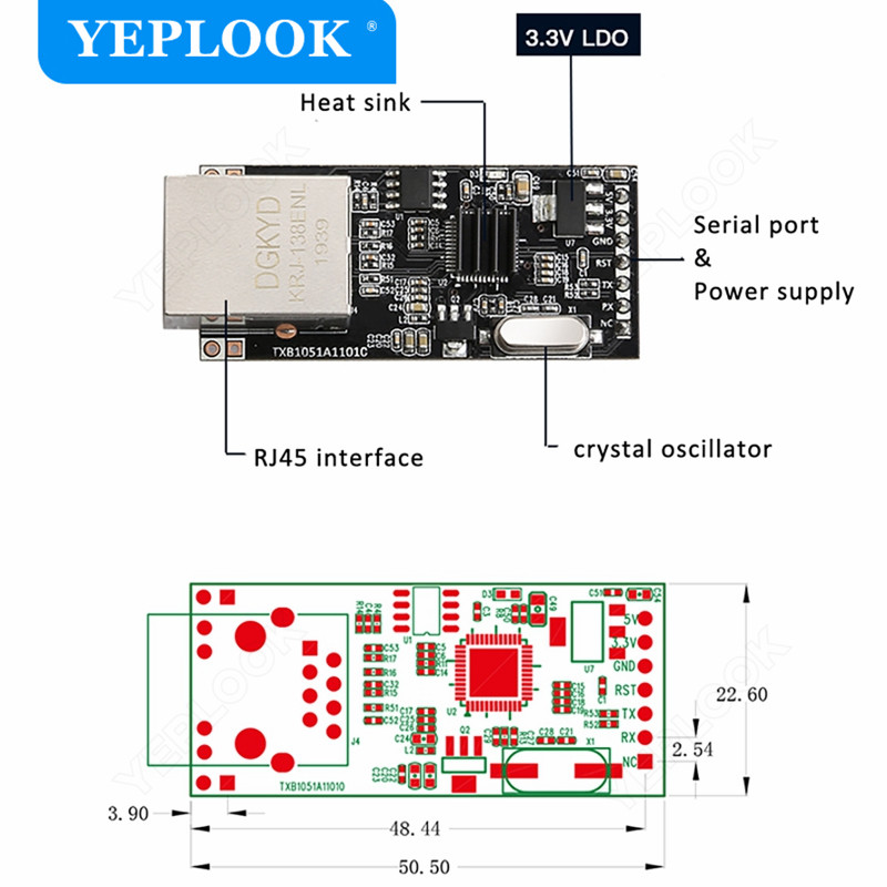 RS232 Serial TTL į Ethernet RJ45 10/100Mbps modulio palaikymas TCP/UDP/HTTP darbo režimo mikroschemų rinkinys TXIC/TX210T