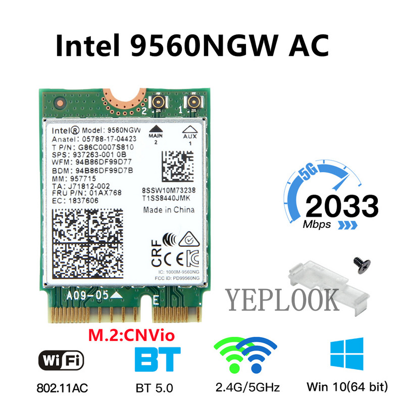 Bezvadu karte AC 9560 9560NGW 9560AC 1730Mbps Wi-Fi+Bluetooth 5.0 Dual Band 2.4G/5Ghz 1.73Gbps 802.11ac 2x2 NGFF Key E M.2 CNVio