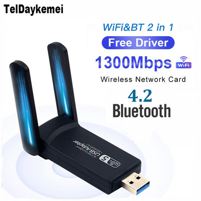 USB WiFi-adapter Bluetooth 4.2 1300Mbps kahesageduslik 2,4GHz 5GHz Wifi USB 3.0 võrgukaardi traadita vastuvõtja arvuti lauaarvuti sülearvuti jaoks