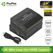 PzzPss 4K 60 Hz Loop Out HDMI Capture Card Garso ir vaizdo įrašymo plokštė Tiesioginis srautas USB 2.0 1080p Grabber, skirtas PS4 žaidimų kamerai