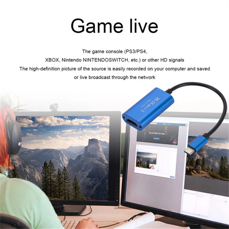 Nešiojamas HD 1080P su HDMI suderinamas C tipo C tipo į HDMI vaizdo įrašymo plokštės vaizdo griebtuvas, skirtas kompiuterinių žaidimų kamerai tiesiogiai įrašyti