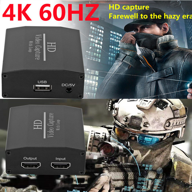 GRWIBEOU 4K Loop Out Κάρτα λήψης HDMI Πλάκα εγγραφής ήχου βίντεο Ζωντανή ροή USB 2.0 1080p Grabber για κάμερα DVD παιχνιδιών PS4