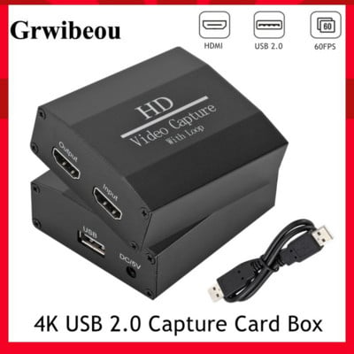 Grwibeou 4K 60 Hz Loop Out HDMI Capture Card Audio Video Recording Plate Tiešraides straumēšana USB 2.0 1080p Grabber PS4 spēļu kamerai