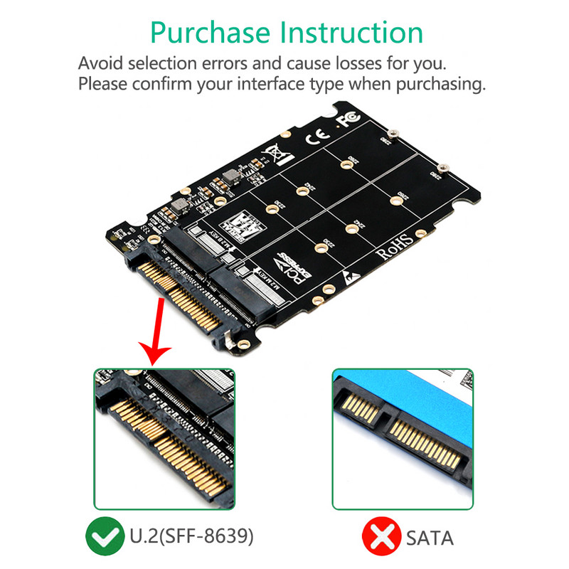 M.2 SSD į U.2 adapteris 2in1 M.2 NVMe ir SATA-Bus NGFF SSD į PCI-e U.2 SFF-8639 adapteris PCIe M2 konverteris staliniams kompiuteriams