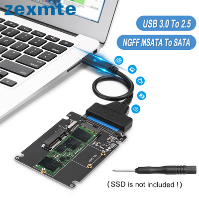Zexmte NGFF MSATA към SATA 3.0 адаптер M.2 USB 3.0 към 2.5 SATA твърд диск 2 в 1 конвертор четец SATA карта с кабел за PC лаптоп