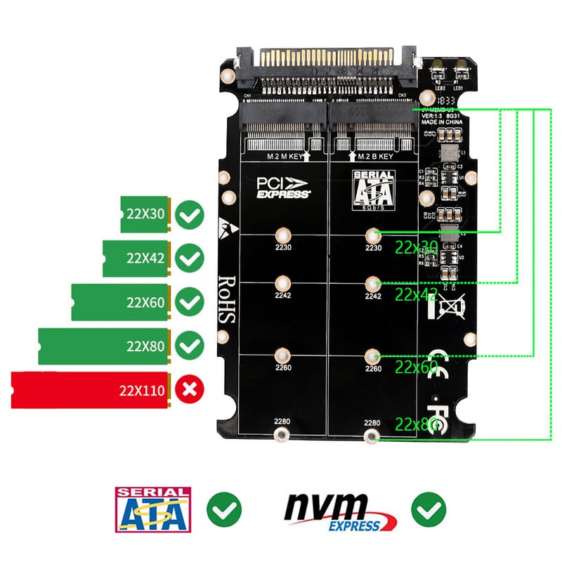 M.2 SSD į U2 adapteris 2 in 1 M2 NVMe SATA-Bus NGFF SSD į PCI-e U.2 SFF-8639 PCIe M2 adapterio keitiklis staliniams kompiuteriams