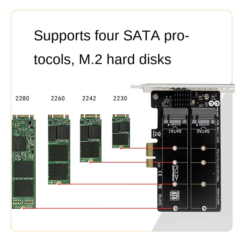 PH58 2 X M2 SATA į PCIE adapterio kortelė dvigubo disko ekrano kortelė RAID skirstytuvo išplėtimo plokštė Pcie X1 į NGFF M2 SATA SSD