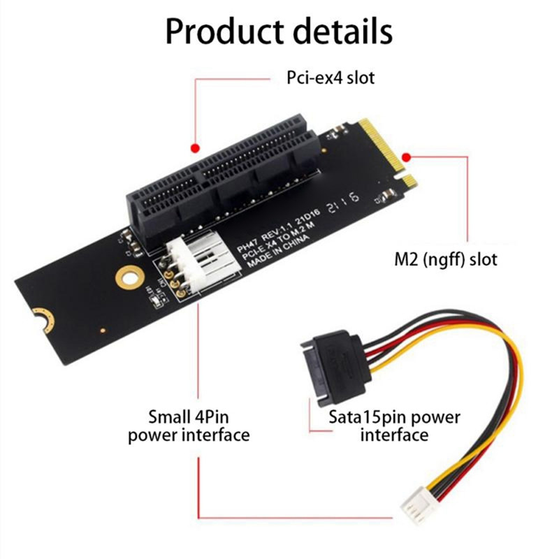 NGFF M.2 To PCI-E 4X Riser Card M2 M Key To Pcie X4 Adapter with LED Indicator SATA Power Riser for Bitcoin Mining