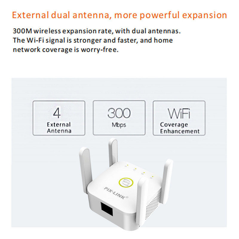 PIXLINK WiFi kartotuvas Belaidis Wi-Fi plėstuvas 300Mbps Wi-Fi stiprintuvas 802.11N ilgo nuotolio Wi-Fi signalo stiprintuvas 2.4G Wi-Fi repiter