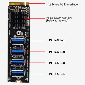 M.2 USB адаптер M.2 M-Key към 4 порта PCI-E X1 USB3.0 Графичен удължителен кабел ASM1184 Карта за копаене за настолен компютър SSD HDD