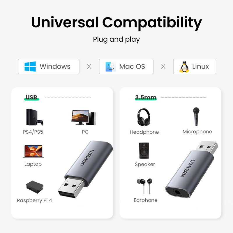 UGREEN hangkártya USB-3,5 mm-es audio interfész adapter fülhallgató mikrofonhoz PC laptophoz PS5/4 TRRS(CTIA/OMTP) alumínium fém héj