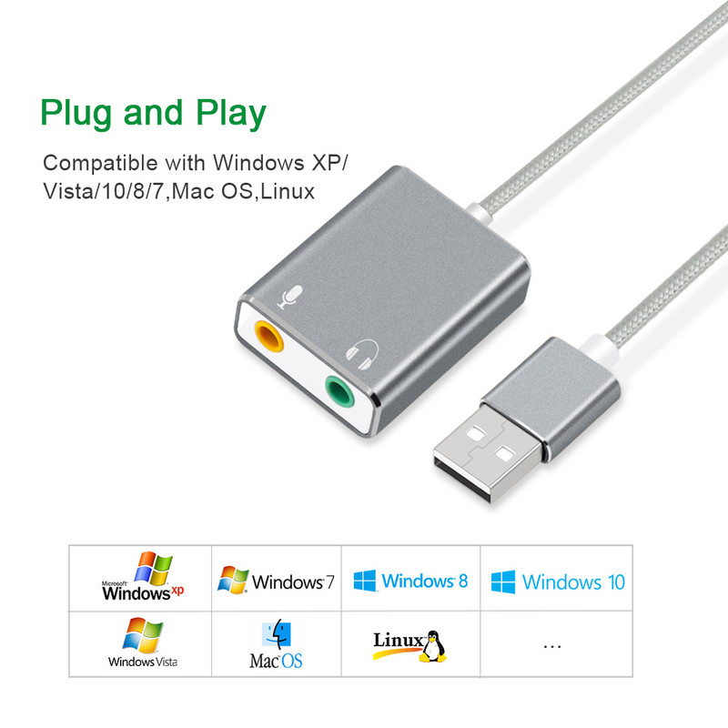 GOOJODOQ 7.1 išorinė USB garso plokštės lizdas, 3,5 mm USB garso adapterio ausinių mikrofono garso plokštė, skirta Macbook kompiuteriui nešiojamam kompiuteriui