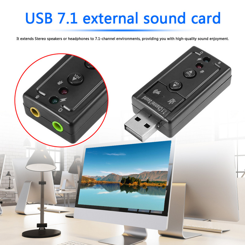 Adaptor extern de interfață de placă de sunet USB virtuală ușoară 7.1 pentru laptop de birou Convertor de microfon pentru căști AUX de 3,5 mm