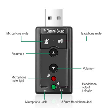 Виртуална 7.1-канална звукова карта Външен USB 2.0 Аудио Микрофон Адаптер за високоговорител Микрофон Стерео 3,5 мм жак Звукова карта за слушалки