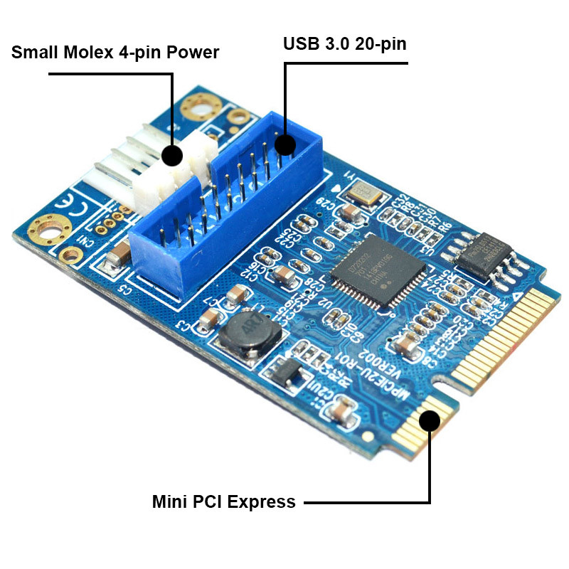 Mini PCIe 20 Pin USB 3.0 alaplap fejléc csatlakozó adapter kártya, Mini PCI-e 2 port USB3 bővítő SATA, Molex 4 Pin táp