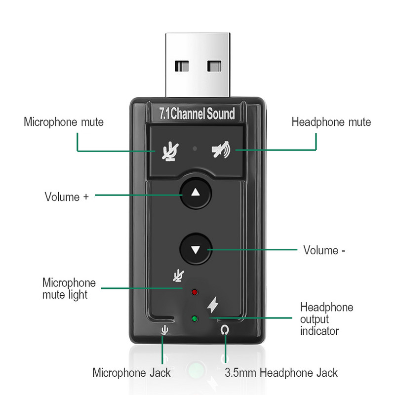 Virtuális 7.1 csatornás külső USB 2.0 hangkártya audio mikrofon hangszóró adapter mikrofon sztereó 3,5 mm-es jack fejhallgató hangkártya