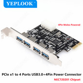 PCIe 1x-4 portos USB3.0 bővítőkártya 4 tűs tápcsatlakozó PCI Express adapter USB 3.0 hub nagy sebességű 5Gbps lapkakészlet NEC720201