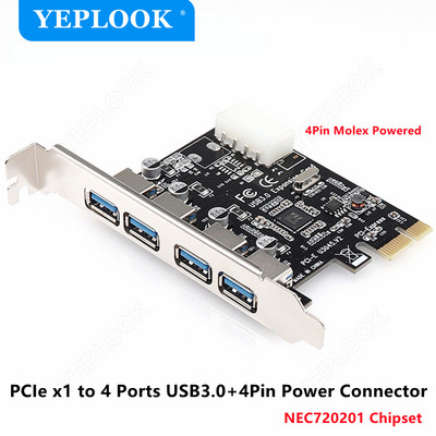 PCIe 1x-4 portos USB3.0 bővítőkártya 4 tűs tápcsatlakozó PCI Express adapter USB 3.0 hub nagy sebességű 5Gbps lapkakészlet NEC720201
