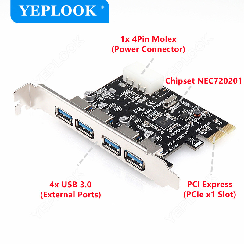 PCIe 1x-4 portos USB3.0 bővítőkártya 4 tűs tápcsatlakozó PCI Express adapter USB 3.0 hub nagy sebességű 5Gbps lapkakészlet NEC720201