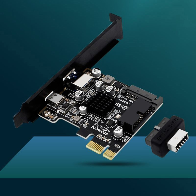 2 portos PCI-E 1X - USB 3.0 A Type C bővítőkártya előlapi E típusú 19P/20P csatlakozó 5Gbps teljes sebességű átvitel