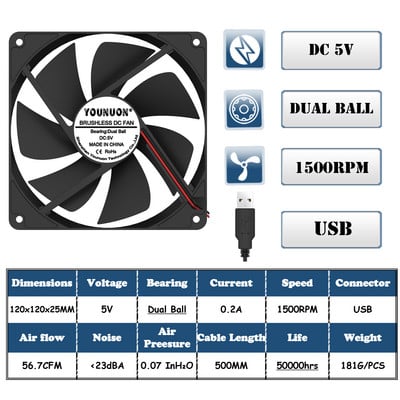 Dvigubas rutulinis 120x120x25mm aušinimo ventiliatorius DC 5V 12V 24V 48V 12cm 120mm aušintuvo ventiliatorius 12025 kompiuterio korpuso ventiliatorius BTC serverio kompiuterio aušinimo ventiliatorius