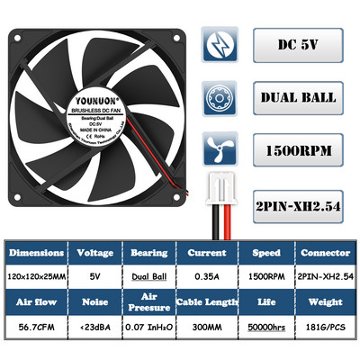 Dvigubas rutulinis 120x120x25mm aušinimo ventiliatorius DC 5V 12V 24V 48V 12cm 120mm aušintuvo ventiliatorius 12025 kompiuterio korpuso ventiliatorius BTC serverio kompiuterio aušinimo ventiliatorius