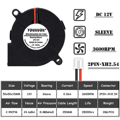 2PCS 5015 50mm DC 24V 12V 5V 2pin Dual Ball/Sleeve Bearing Brushless Cooling Turbine Blower Fan 50mm x 15mm Blower Cooler Fan