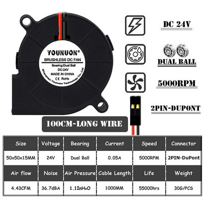 2PCS 5015 50mm DC 24V 12V 5V 2pin Dual Ball/Sleeve Bearing Brushless Cooling Turbine Blower Fan 50mm x 15mm Blower Cooler Fan