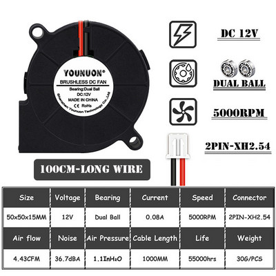 2PCS 5015 50mm DC 24V 12V 5V 2pin Dual Ball/Sleeve Bearing Brushless Cooling Turbine Blower Fan 50mm x 15mm Blower Cooler Fan
