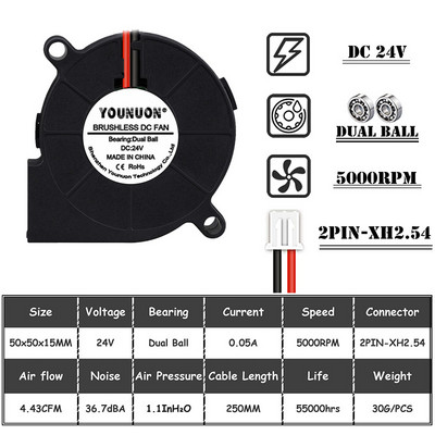 2PCS 5015 50mm DC 24V 12V 5V 2pin Dual Ball/Sleeve Bearing Brushless Cooling Turbine Blower Fan 50mm x 15mm Blower Cooler Fan
